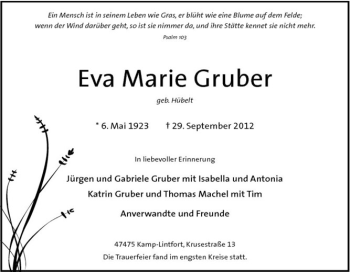 Traueranzeige von Eva Maria Gruber von Tageszeitung